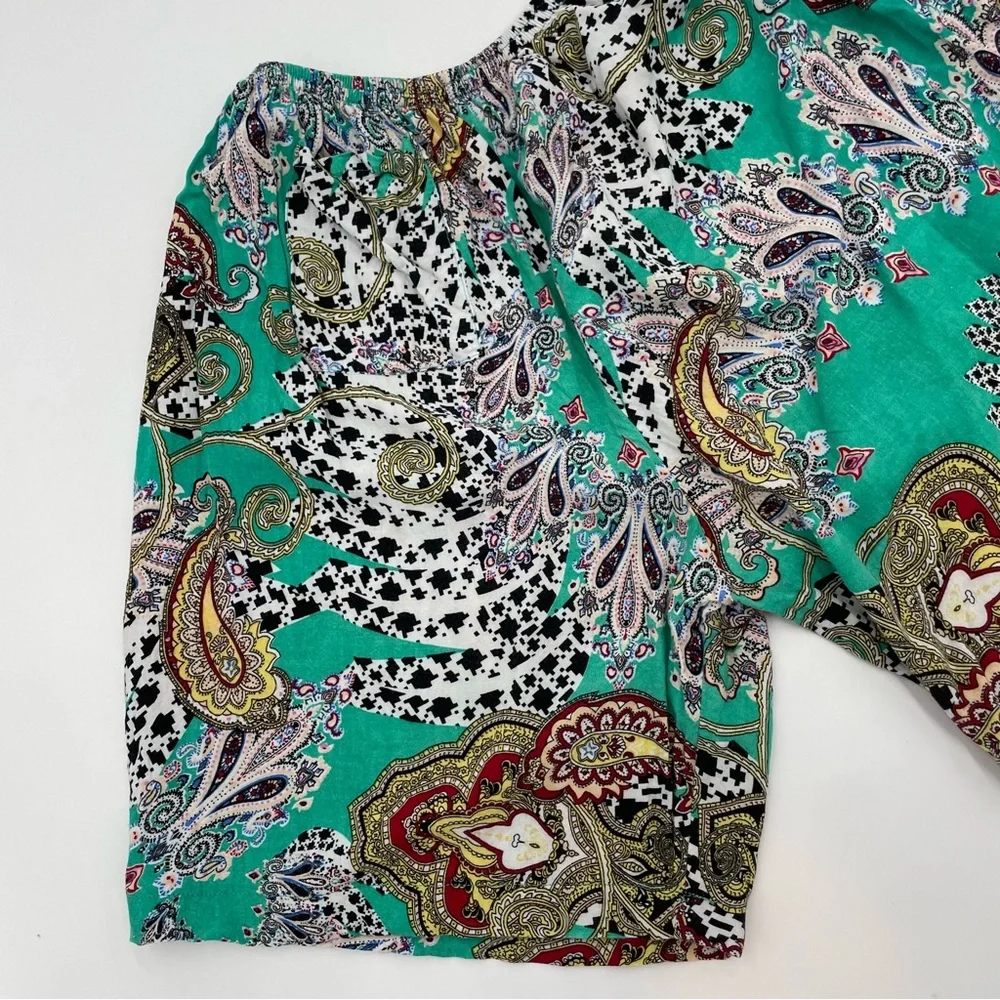 Paisley Shorts Women Lightweight‎ Boho Elastic Waistband PJs Casual Green White